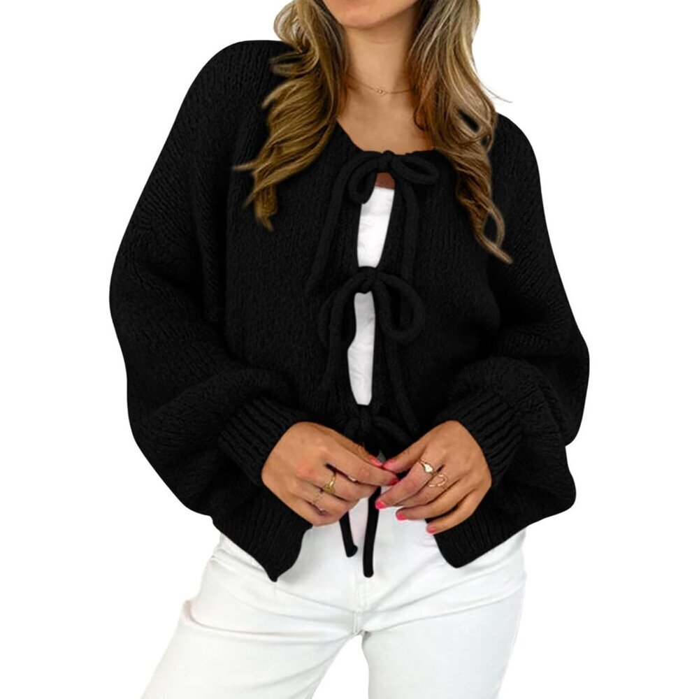 Women’s Bow Tie Front Cardigan Sweater Oversized Long Sleeve Fall Winter